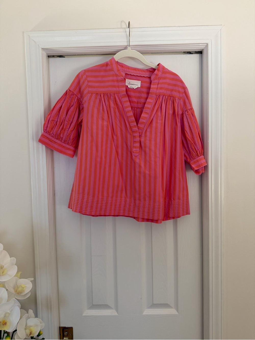 Anthropologie Women’s Pink Striped Split-Neck Blouse